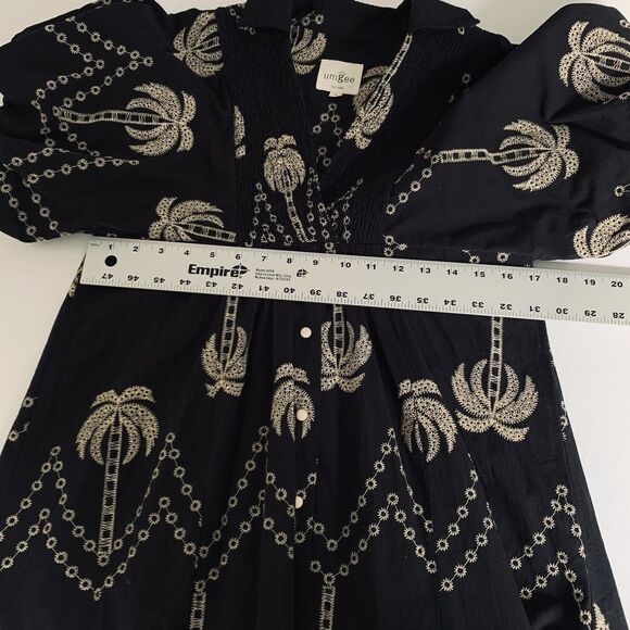 Umgee Dress Palm Tree Embroidered S Black Puff Sleeve Smocked Boho Resortwear - Picture 8 of 10